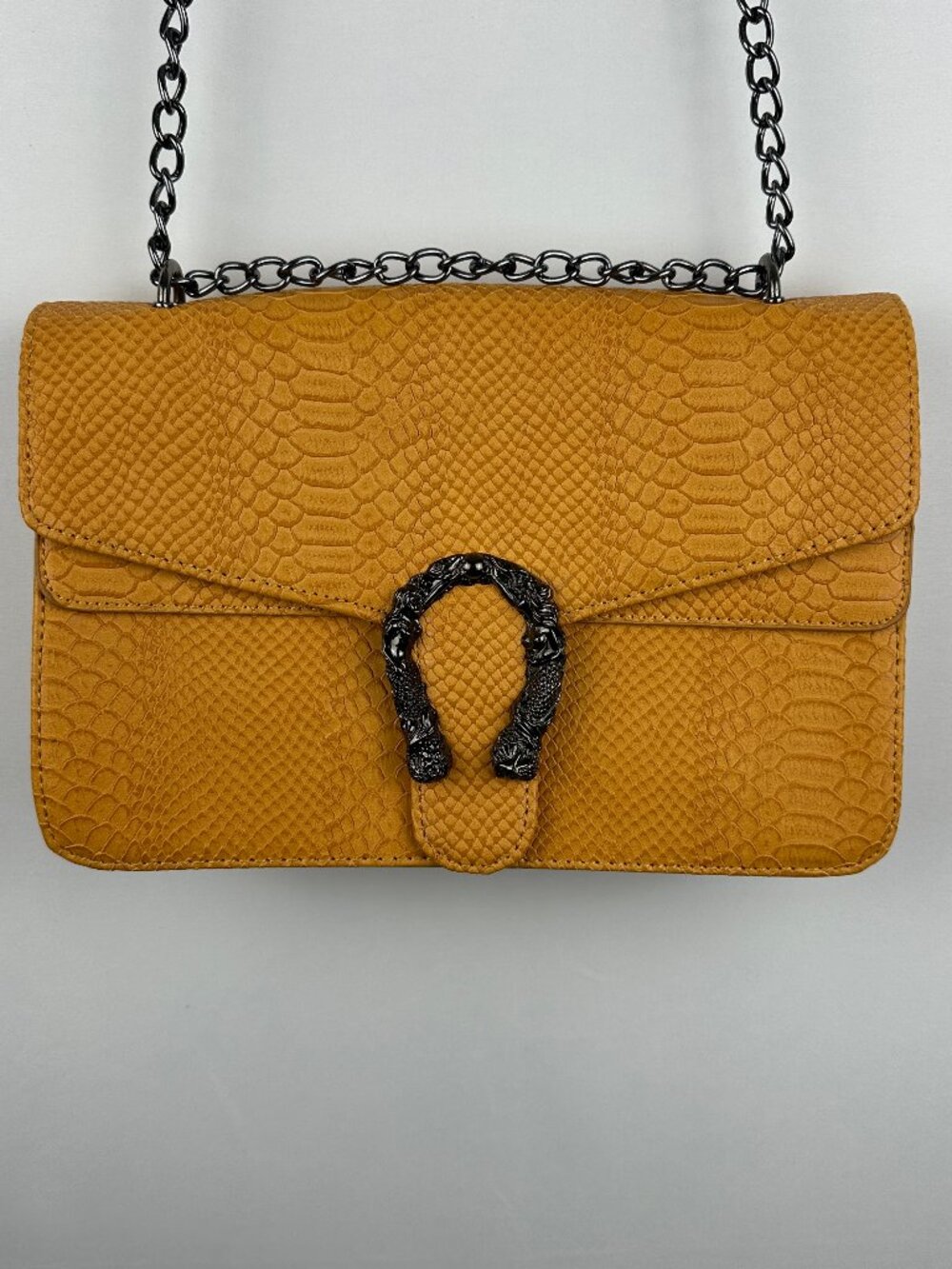 Yellow Snake-Embossed Flap Crossbody Women's Bag with Sliding Chain Strap